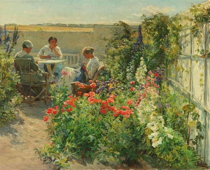 Knud Bergslien Blomstrende haveeksterir med tre kvinder ved et bord oil painting picture